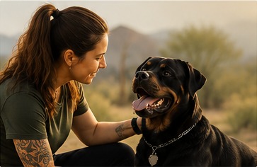 Trainer sitting with a black and tan dog in the desert